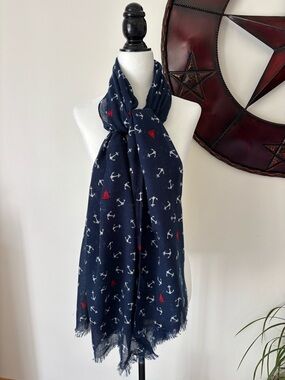 Nautical Coastal Grandma  Anchor Print Navy Scarf with Red Sail Accents
